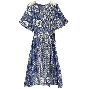 Hazel Summer Wrap Dress Womens Small Blue White Midi Chinoiserie Dainty Romantic